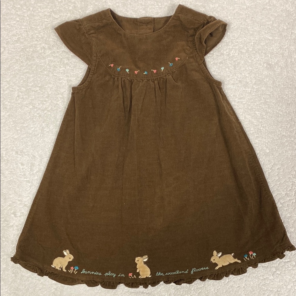 Janie and Jack layette Brown A-line corduroy bunny Dress Flutter Cap  6/12m